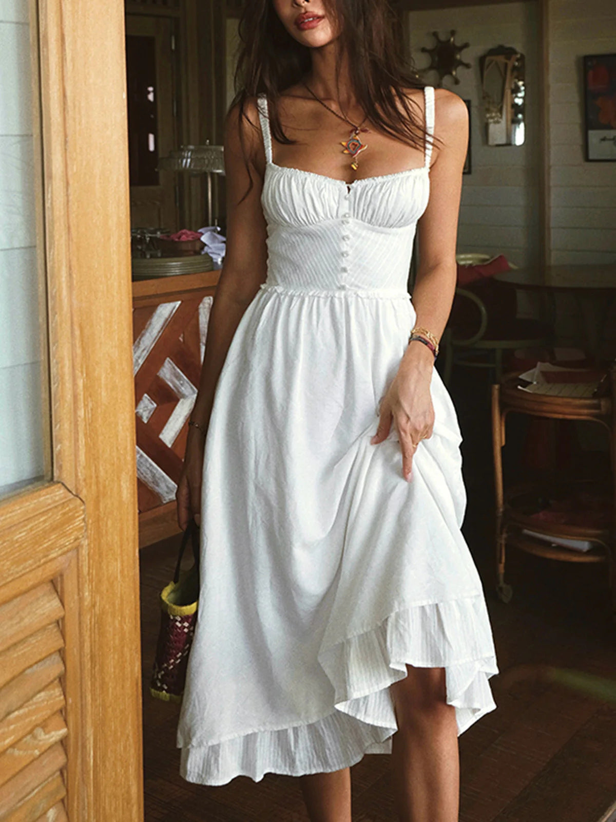 French-style Resort Slip Dress Sexy Open-back Solid Color High-waisted Figure-flattering