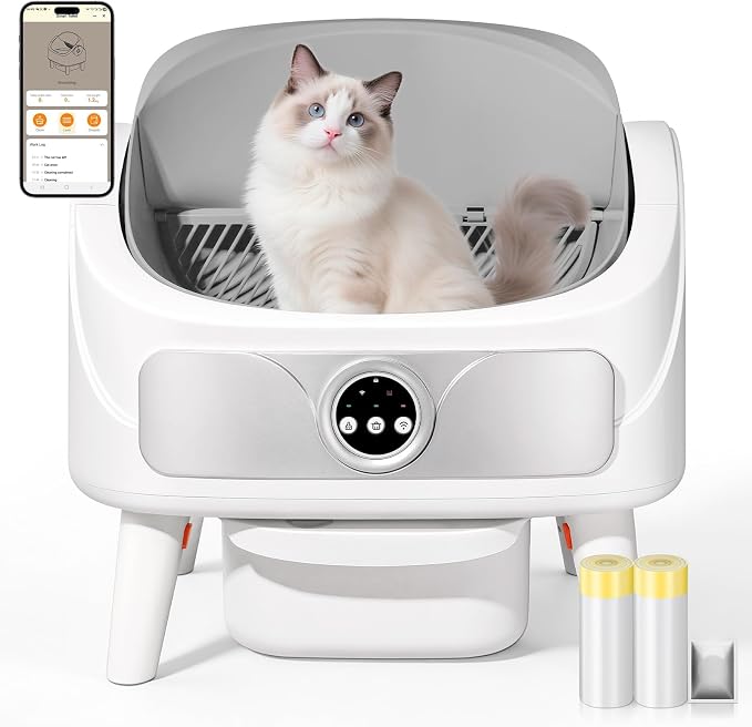 DuckSky Automatic Litter Box, Open-Top Self Cleaning Cat Litter Box for Multiple Cats, Large Capacity Robot, APP Control, Safety Protection,1 Odor Eliminator, 2 Rolls Litter Liner Bags,