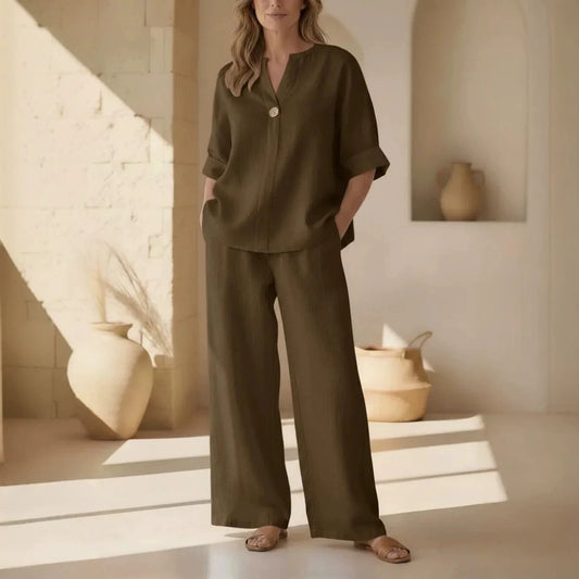 Womens Solid Color V-Neck Three-Quarter Sleeve Pants Casual Set