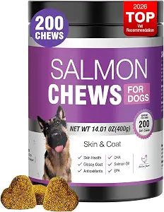 Omega 3 Skin and Coat Supplement for Dogs 200 Chews Dog Fish Oil Supplements with EPA & DHA Fatty Acids Dry Skin Relief for Dogs Shedding Allergy Itching Promotes Heart Hip Joint Health