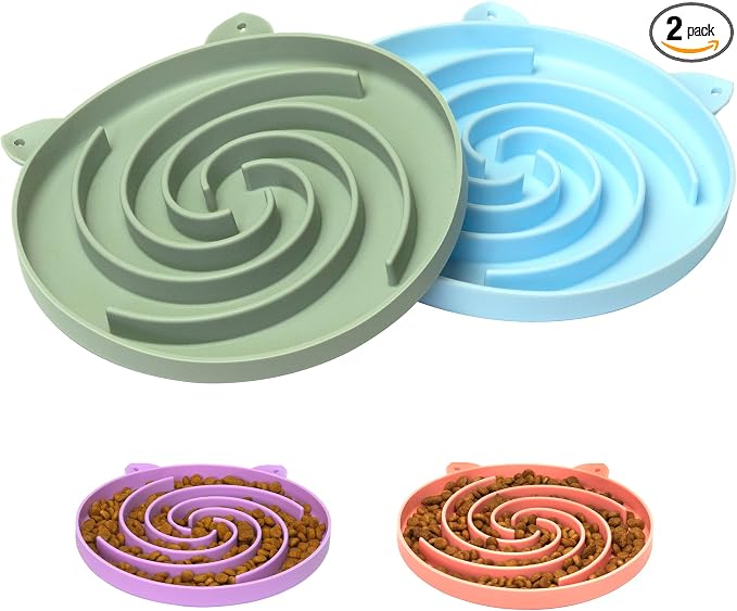Bifeaw Slow Feeder Cat Bowl, Easy to Clean Silicone Bowl, Ideal for Dry and Wet Food (Green and Blue)