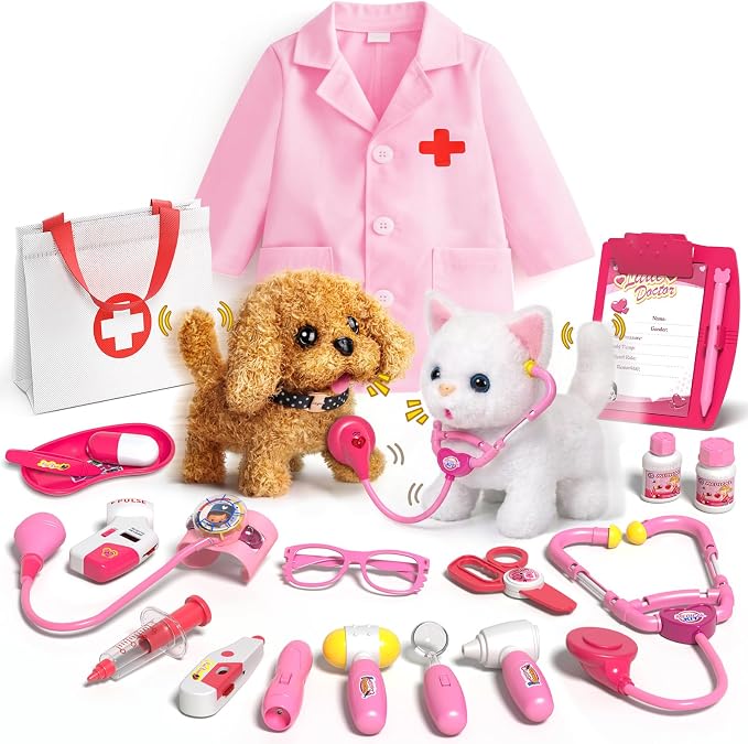 Eohemeral Pet Vet Kit for Kids with 2 Plush Pets (Dog&Cat) &Doctor Costume