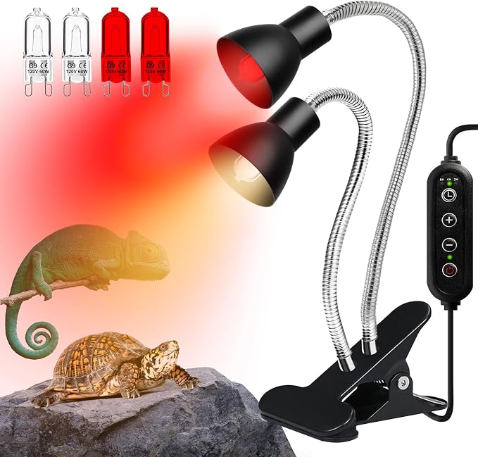 Heat Lamp for Reptile,UVA UVB Light for Turtle,Bearded Dragon Basking Light Bulbs,Dimmable 360°Gooseneck UV Heating Lamp W/ G9 Mini Halogen Bulbs 60W (White*2,Red*2) for Tortoise/Snake/Lizard