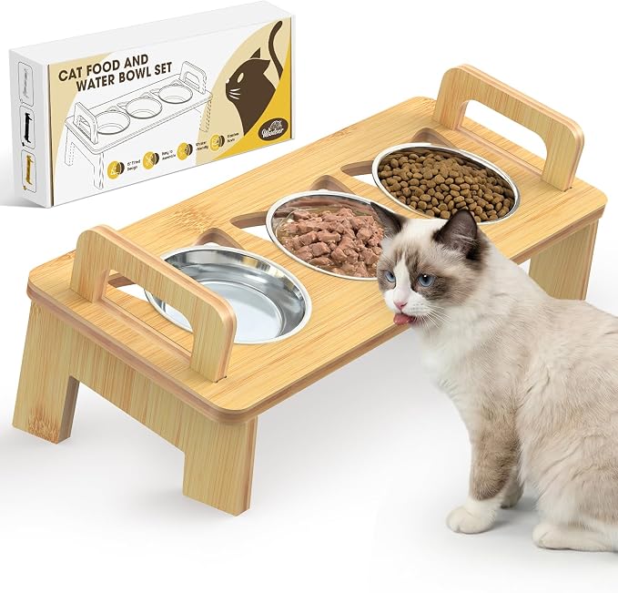 Bamboo Elevated Cat Bowls, 3 Stainless Steel Raised Cat Bowl with Stand, 15°Tilted Cat Feeding Station, Cat Food and Water Bowl Set for Small Cats, Anti Vomitting, Whisker Fatigue (Natural)