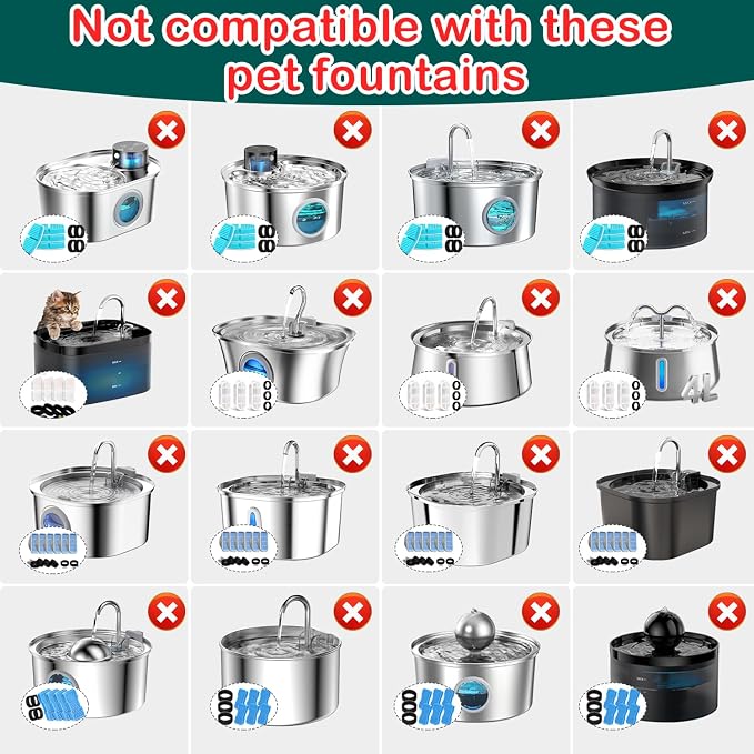 Cat Water Fountain Filter 32Pcs Fit 101oz/3L Stainless Steel Pet Fountain