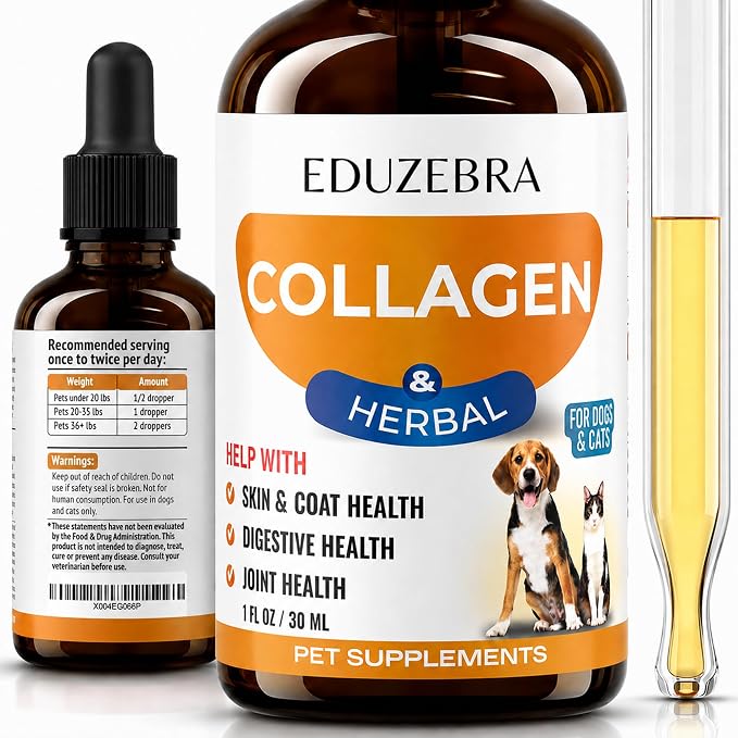 EDUZEBRA Liquid Collagen for Dogs and Cats, Skin & Coat Supplement, Itch Relief, Joint & Mobility Support, Enriched with Grass-Fed Collagen, Daily All-in-One Pet Health Formula