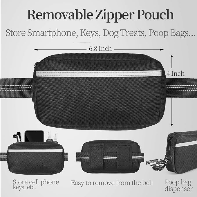 iYoShop Hands Free Dog Leash with Zipper Pouch, Large, 25-120 lbs, Black