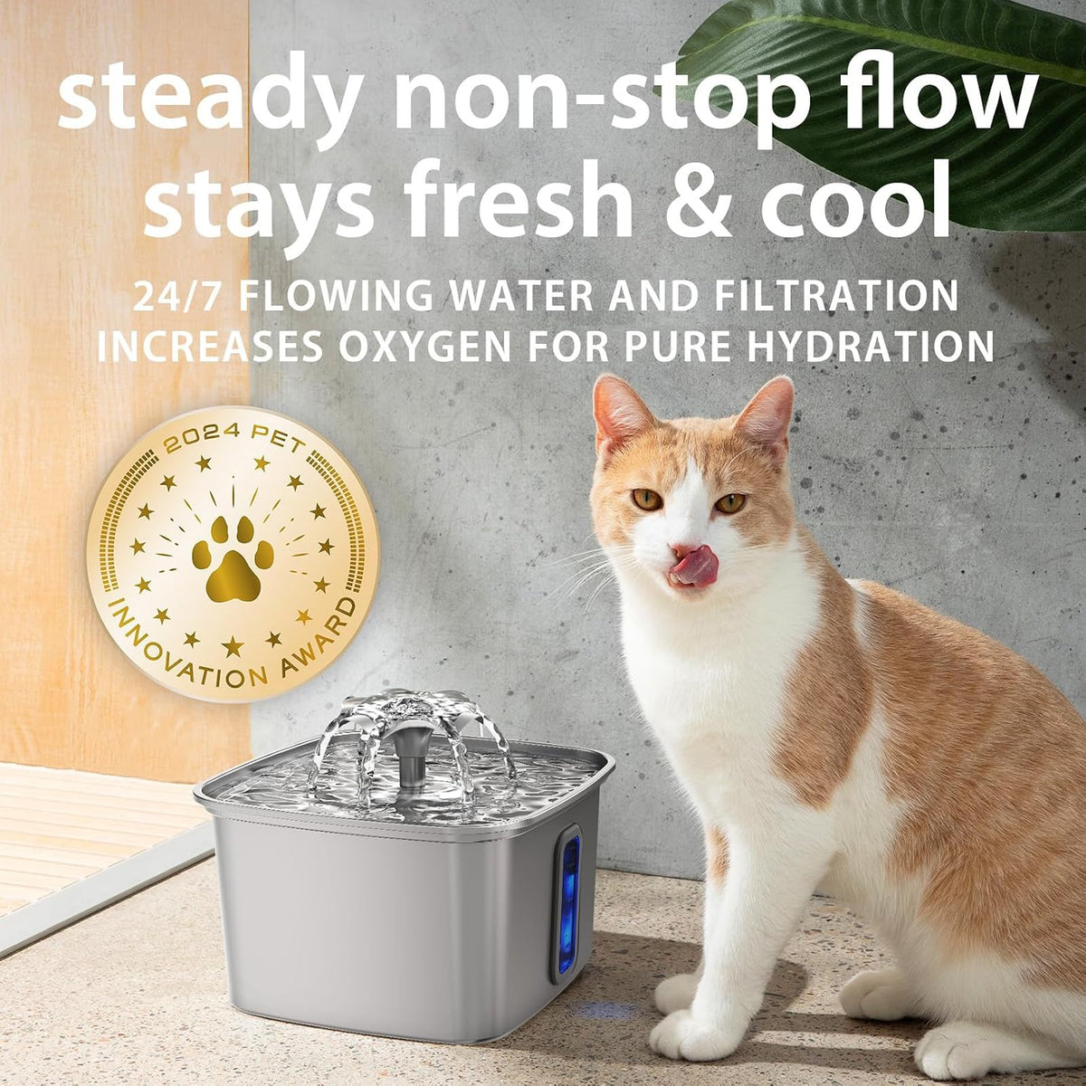 Veken Innovation Award Winner Stainless Steel Cat Water Fountain, 108oz, C1