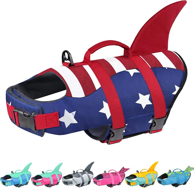 Malier Dog Life Jacket, Ripstop American Flag Dog Life Vest for Swimming Boating, Shark Puppy Lifesaver with High Buoyancy Swimsuit for Small Medium and Large Dogs (X-Small)