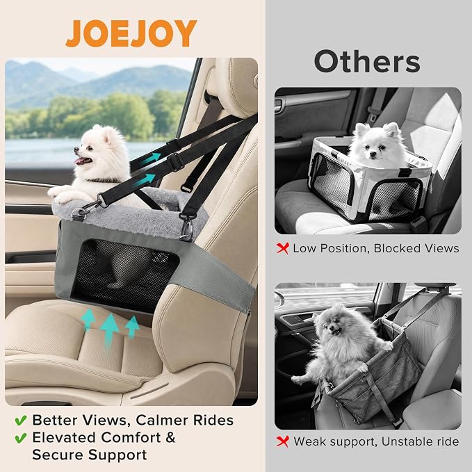 JOEJOY Deluxe Dog Booster Seat with Sturdy Metal Frame and Safety Leash for Small Pets up to 20 lbs - Portable Puppy Dog Car Seat with Thick Cushion and Storage Pockets for Small Dogs, Grey