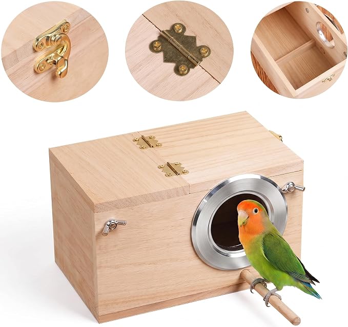 YJJKJ Wood Parakeet Nest Box with Bird Water Feeder, Breeding Bird Cage House for Lovebirds Cockatiel Parrotlets Budgerigar Small Parrot