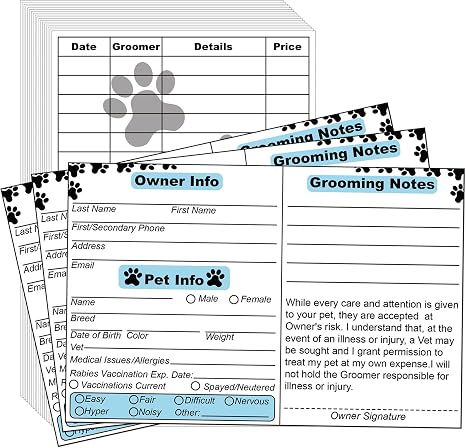 Cat Pet Dog Grooming Cards Groomer Information Check-in Cards for Dog Cat