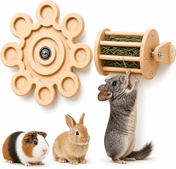 Chinchilla Chew Toys 2‑in‑1 Set Rotating Wooden Spinning Bunny Hay Feeder