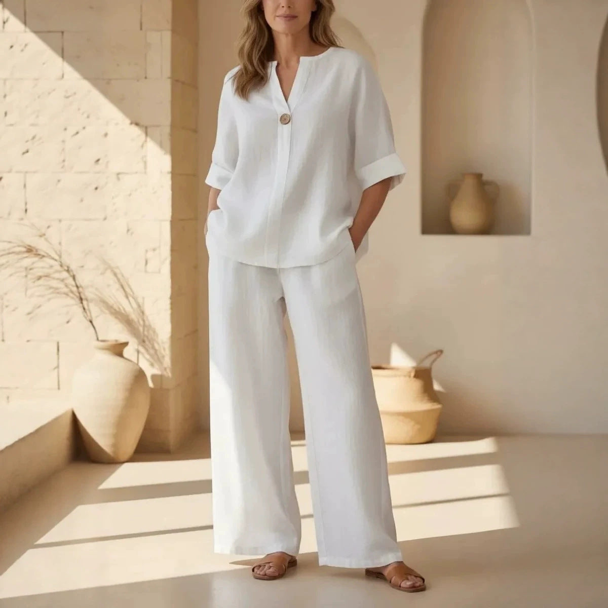 Womens Solid Color V-Neck Three-Quarter Sleeve Pants Casual Set