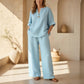 Womens Solid Color V-Neck Three-Quarter Sleeve Pants Casual Set