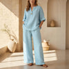 Womens Solid Color V-Neck Three-Quarter Sleeve Pants Casual Set