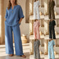 Womens Solid Color V-Neck Three-Quarter Sleeve Pants Casual Set