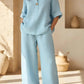 Womens Solid Color V-Neck Three-Quarter Sleeve Pants Casual Set
