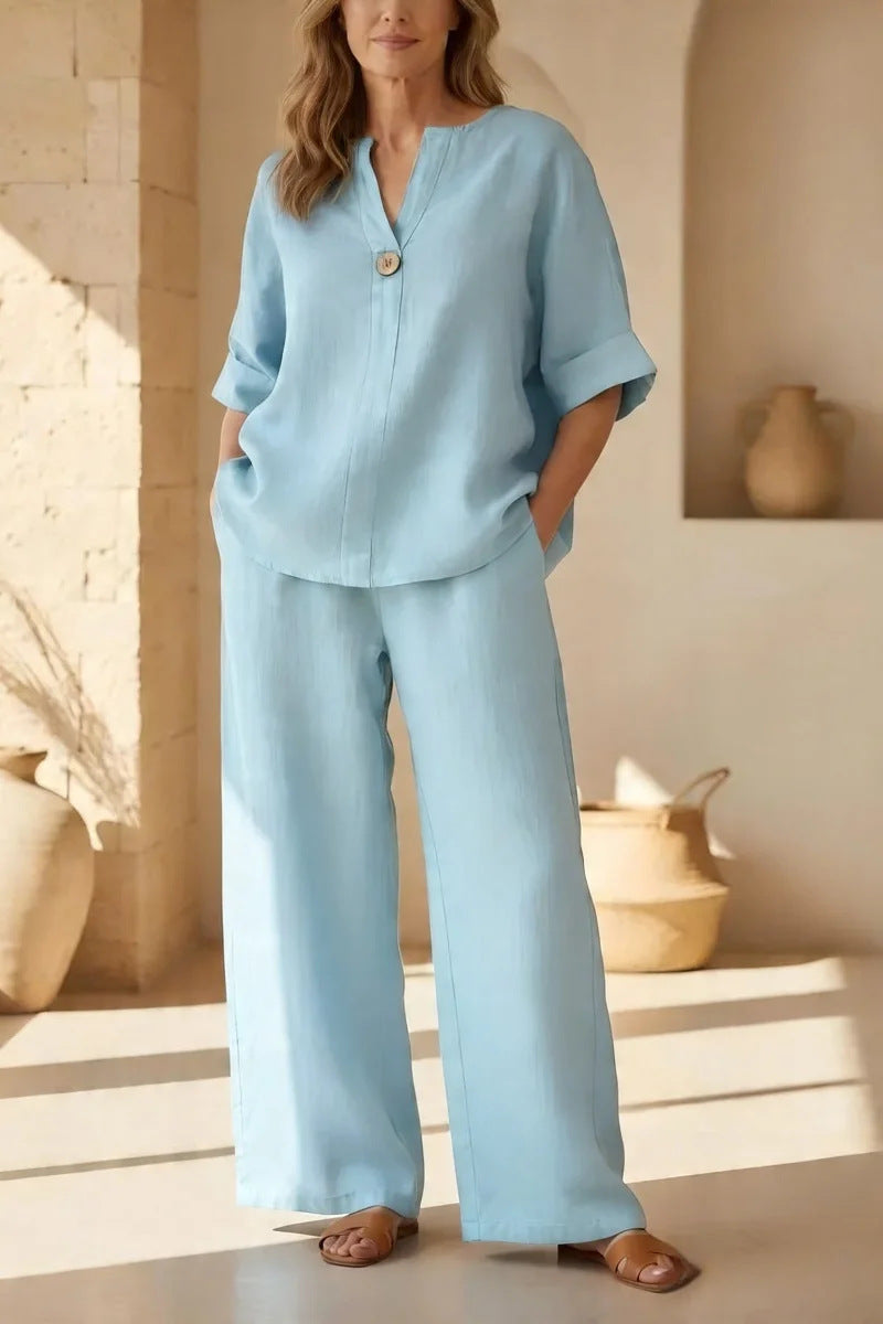 Womens Solid Color V-Neck Three-Quarter Sleeve Pants Casual Set