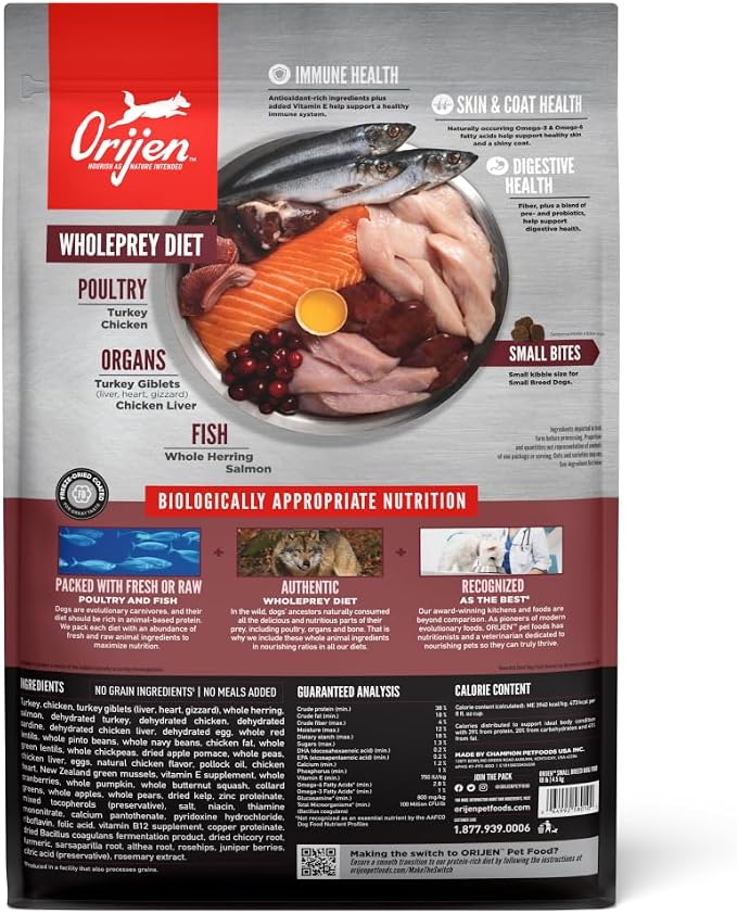 ORIJEN Grain Free WHOLEPREY Dry Dog Food Small Breed Recipe 10lb Bag