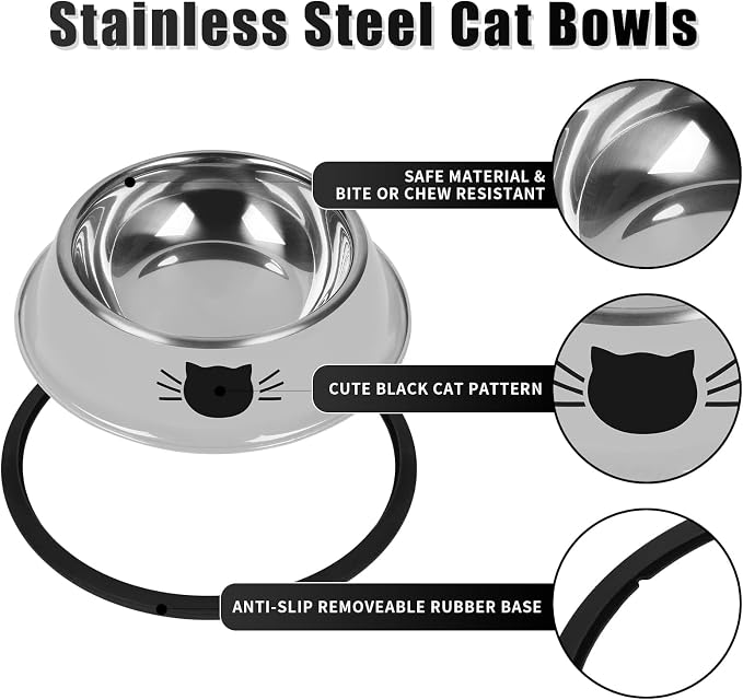 Serentive 2 Pcs Non-Slip Stainless Steel Small Cat Food Bowls - Unbreakable, Thicken 7 Oz Cat Dishes - Indoor, Removable Rubber Base, Easily Clean, Lovely Color