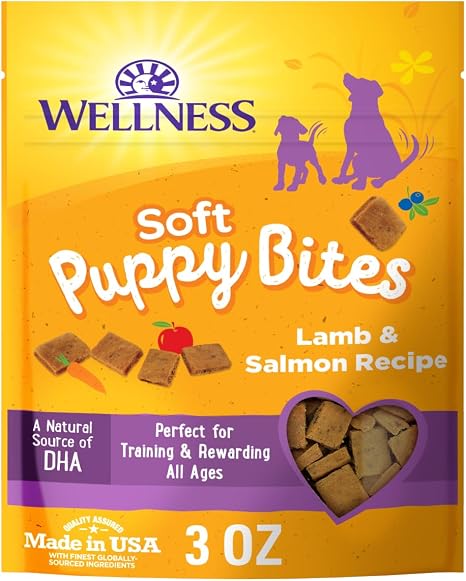 Wellness Soft Puppy Bites Dog Training Treats, Natural, Grain Free, Lamb and Salmon Recipe, 3 oz Bag