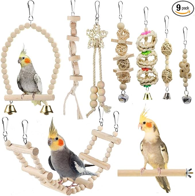 Bird Parrot Swing Toys, Chewing Standing Hanging Perch Hammock Climbing Ladder Bird Cage Toys for Budgerigar, Parakeet, Conure, Cockatiel, Mynah, Love Birds, Finches and Other Small to Medium Birds