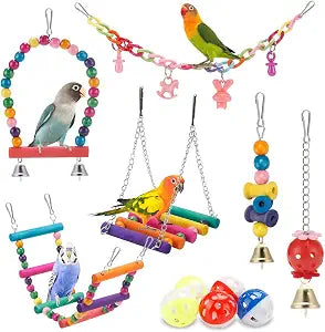 Bird Parakeet Toys - Swing Hanging Standing Chewing Hammock Climbing Ladder Bird Cage Colorful Toys Suitable for Budgerigar, Parakeet, Conure, Cockatiel, Mynah, Love Birds, Finches