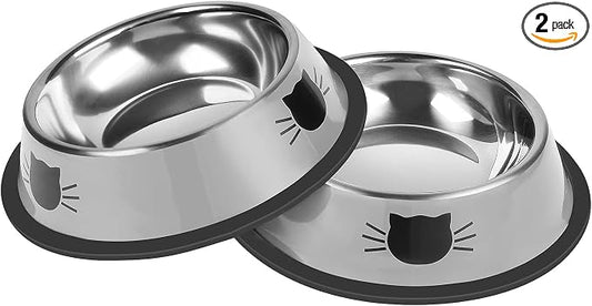 Serentive 2 Pcs Non-Slip Stainless Steel Small Cat Food Bowls - Unbreakable, Thicken 7 Oz Cat Dishes - Indoor, Removable Rubber Base, Easily Clean, Lovely Color