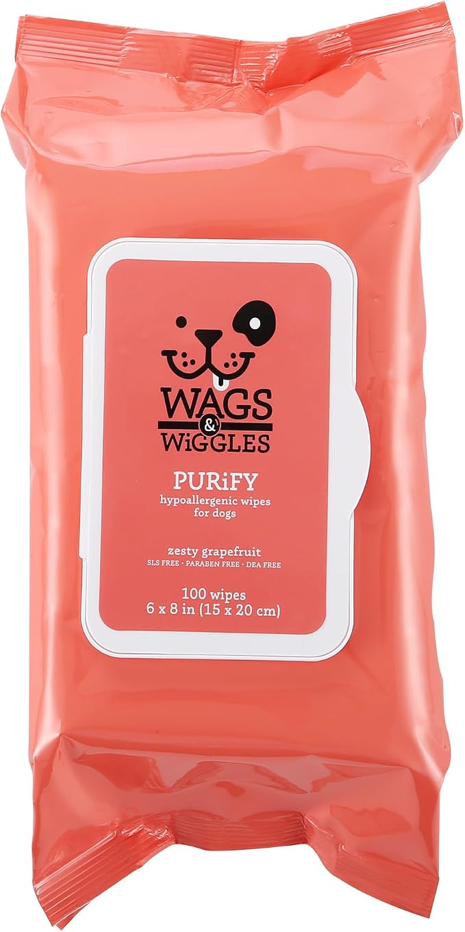 Wags & Wiggles Hypoallergenic Dog Wipes, Zesty Grapefruit, 100 Count