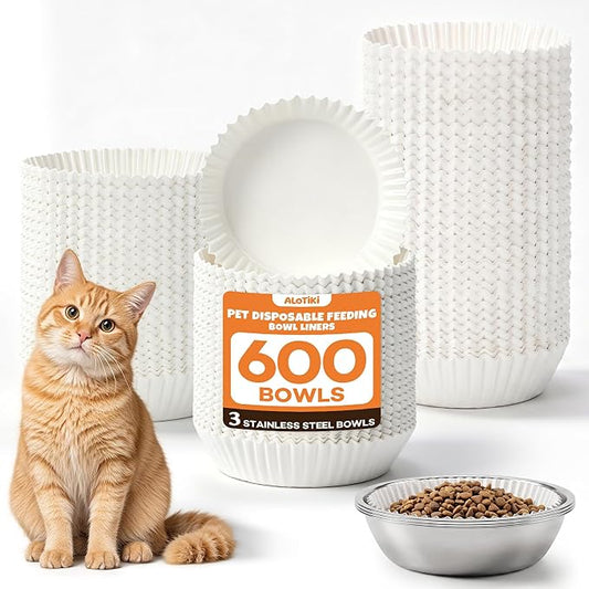 ALOTIKI 600Pcs Disposable Cat Food Bowls Liner & 3 Stainless Steel Cat Bowl