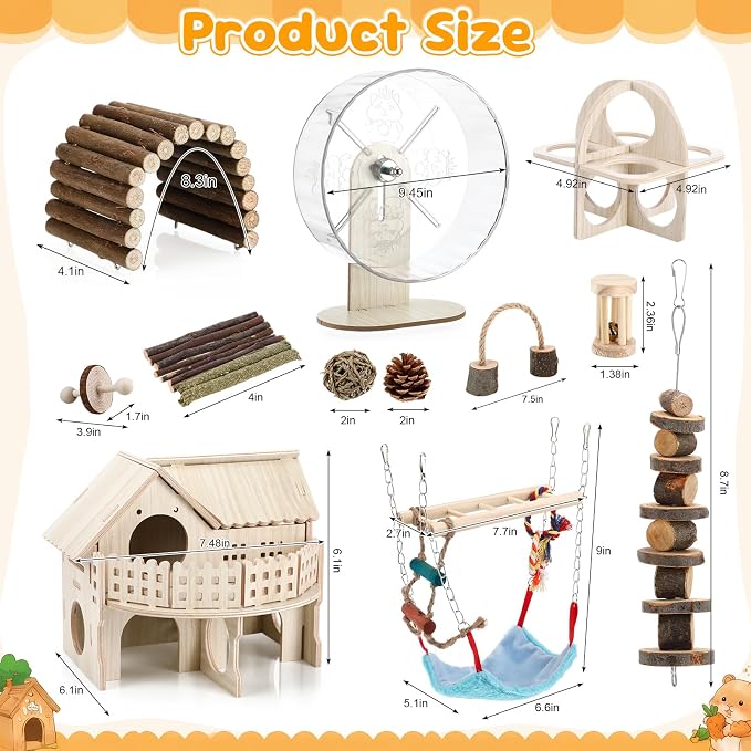11 Pcs Hamster Cage Accessories, 9.5" Wooden Gerbil Wheel