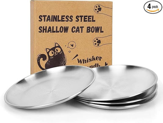 4-Pack Stainless Steel Cat Food Bowls, Whisker-Friendly Plates