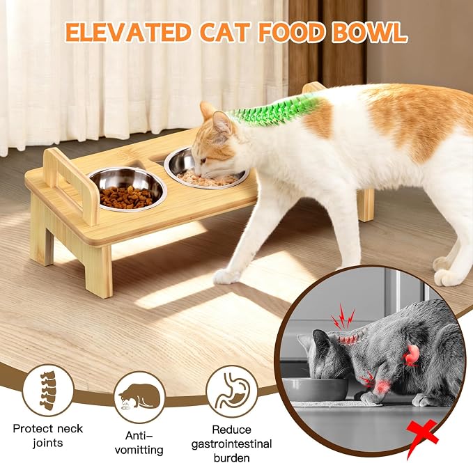 Bamboo Elevated Cat Bowls, 3 Stainless Steel Raised Cat Bowl with Stand, 15°Tilted Cat Feeding Station, Cat Food and Water Bowl Set for Small Cats, Anti Vomitting, Whisker Fatigue (Natural)