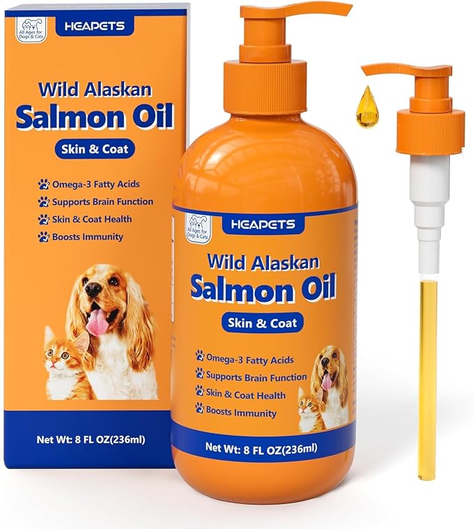 Wild Alaskan Salmon Oil for Dogs & Cats, Fish Oil Omega 3 Supplements with EPA & DHA for Skin & Coat, Immune, Brain, Joint and Heart Health, Dog & Cat Fish Oil Supplements with Pump- 8 oz