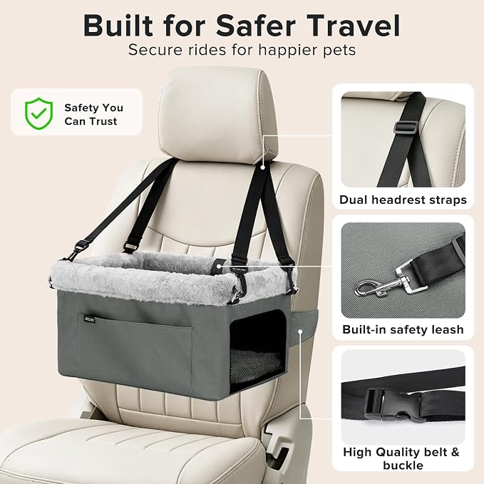 JOEJOY Deluxe Dog Booster Seat with Sturdy Metal Frame and Safety Leash for Small Pets up to 20 lbs - Portable Puppy Dog Car Seat with Thick Cushion and Storage Pockets for Small Dogs, Grey