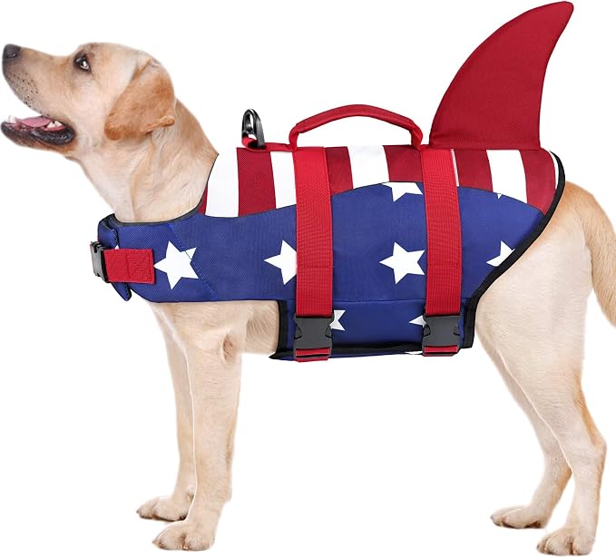 Malier Dog Life Jacket, Ripstop American Flag Dog Life Vest for Swimming Boating, Shark Puppy Lifesaver with High Buoyancy Swimsuit for Small Medium and Large Dogs (X-Small)