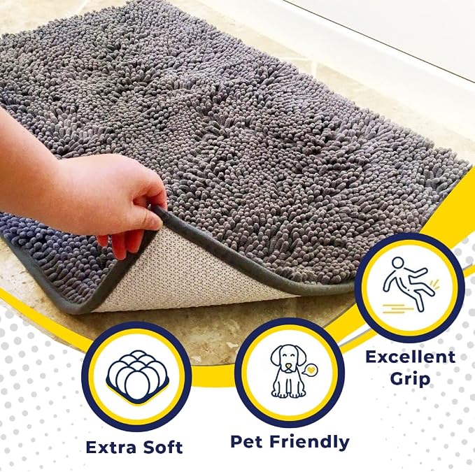 Muddy Mat® | Super Water Absorbent Door Mat Indoor, Microfiber Quick Dry Chenille Entryway Rug, Slip Resistant Front Door Mat, Indoor Mats for Entryway, Machine Washable Pet Rug, Grey 30"x19"