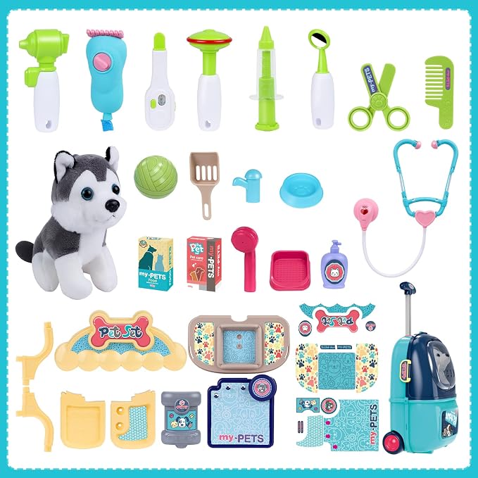 Magic4U Pet Care Carrier Suitcase Toy, 29 Pcs Veterinarian Playset for Kids