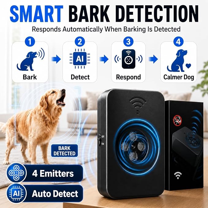 Smart Anti Barking Device for Dogs, 4-Emitter Ultrasonic Bark Deterrent, 50 FT Range, 3 Modes, USB Rechargeable Bark Control Box for 20-120 lb Dogs, Indoor Outdoor Use