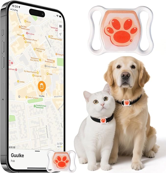 GPS Tracker for Dogs, Smart Collar with Real-Time Locator with Holder Pet Location Tracker, No Monthly Fee/No SIM Card, for Android and iOS, Ultra-Slim, IP68 Waterproof, Reliable