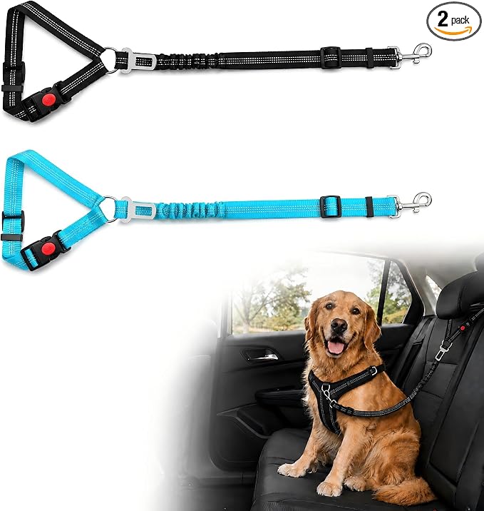 Dog Seat Belt for Car 2 Pack, 3-in-1 Adjustable-Length Bungee Tether