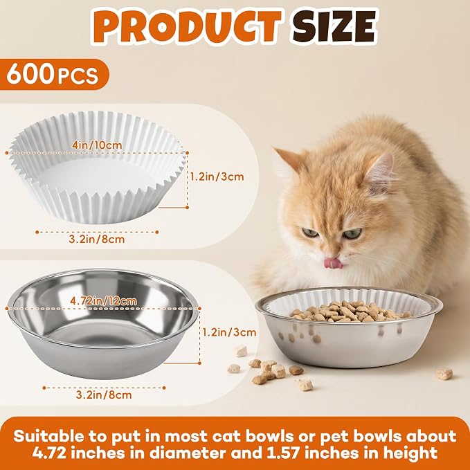 ALOTIKI 600Pcs Disposable Cat Food Bowls Liner & 3 Stainless Steel Cat Bowl