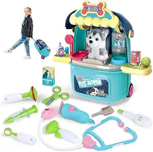 Magic4U Pet Care Carrier Suitcase Toy, 29 Pcs Veterinarian Playset for Kids