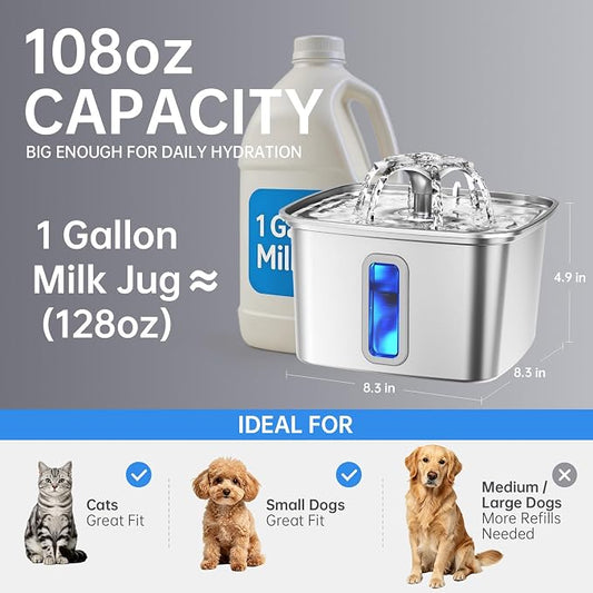Veken Innovation Award Winner Stainless Steel Cat Water Fountain, 108oz, C1