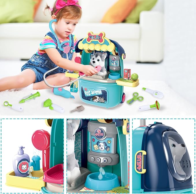 Magic4U Pet Care Carrier Suitcase Toy, 29 Pcs Veterinarian Playset for Kids