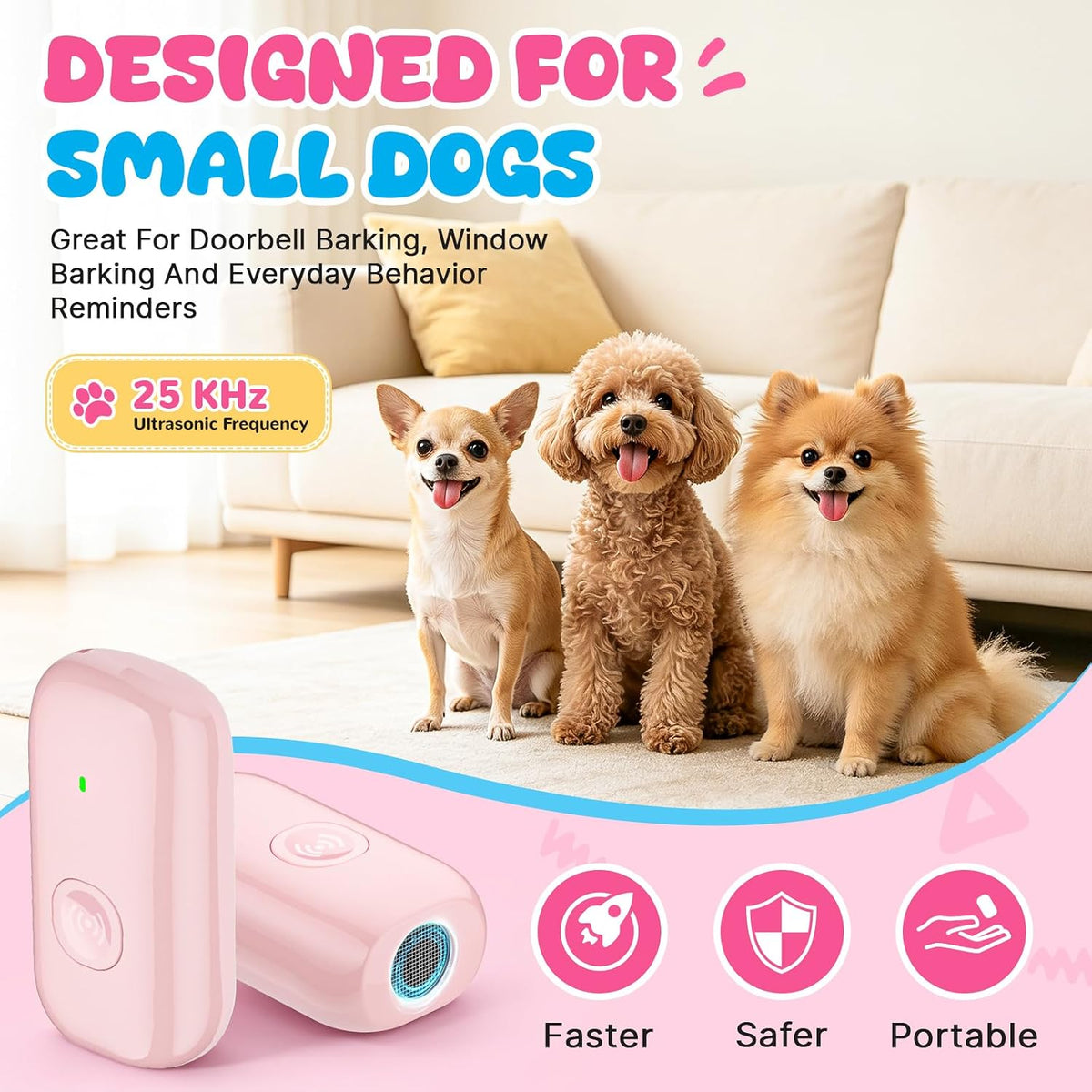 Ultrasonic Bark Deterrent Device for Small Dogs – 25kHz Gentle Frequency, 50ft Range, Rechargeable Manual Trainer, Pain-Free Training & Behavior Aid for Indoor/Outdoor Use（Pink）