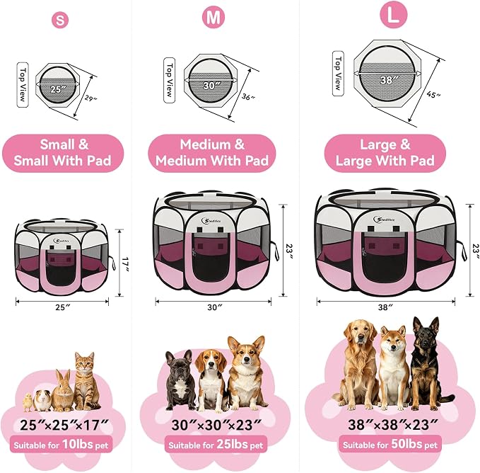 Siedihit Dog Pet Playpen Tent Crate Cage with Washable Pee Pad, Large Pink