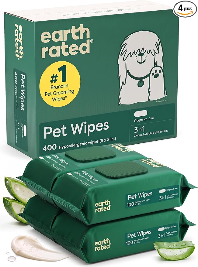 Earth Rated Dog Wipes for Paws & Butt, Deodorizing, Unscented, 400ct