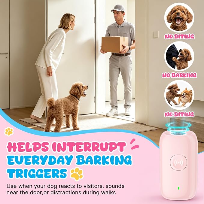 Ultrasonic Bark Deterrent Device for Small Dogs – 25kHz Gentle Frequency, 50ft Range, Rechargeable Manual Trainer, Pain-Free Training & Behavior Aid for Indoor/Outdoor Use（Pink）